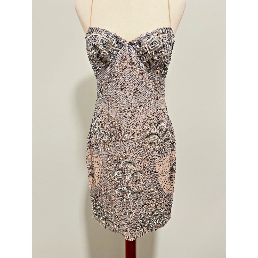 Aiden Mattox Silver Sequin Camisole Dress Size 6 Stone Lining Spaghetti Straps